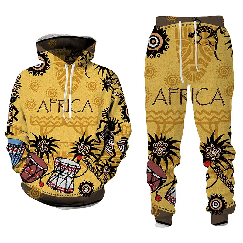 2022 New 3D African Print Casual Men Trousers Suits Couple Outfits Vintage Hip Hop Hoodies+Pants Male/Female Tracksuit Set