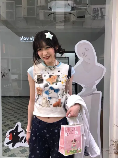 New Y2k Destacável Manga T-shirt Mulheres Roupas Kawaii Anime Cat Print  Tops Japonês Harajuku Tshirt E-menina Streetwear Solto Tee - AliExpress