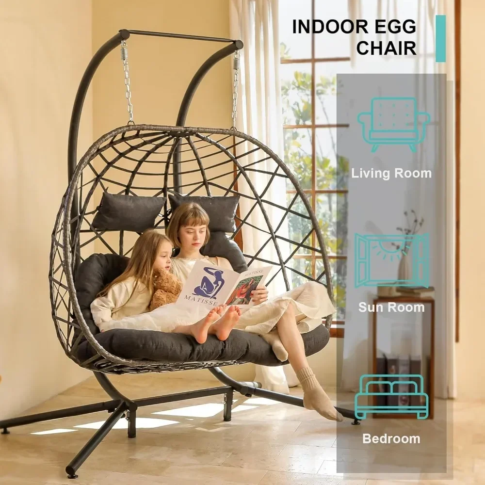 Double Egg Swing Chair with Stand, 2 Person Wicker Hanging Chair with Stand, Outdoor Indoor Oversized Hammock Chair 3