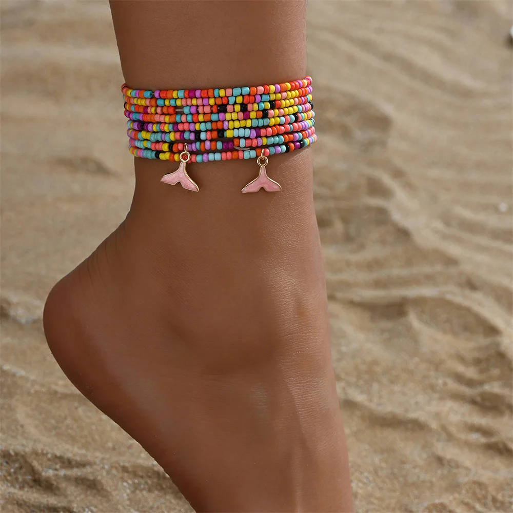 Cute Pink Whale Tail Pendant Anklets For Women Rainbow Beads Foot Chain Fishtail Ankle Bracelet Beach Jewelry Summer Accessories