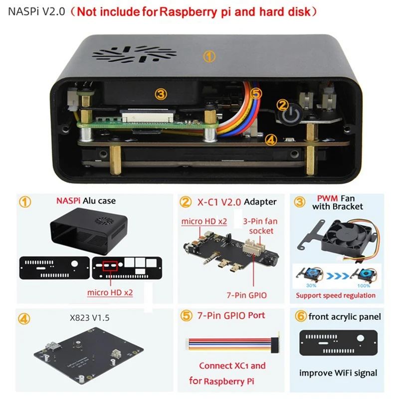 Kit Naspi + Custodia In Metallo + Scheda Di Espansione X823 + Scheda X-C1 + Ventola Pwm Per Server Di Archiviazione Nas Con Disco Rigido Raspberry Pie