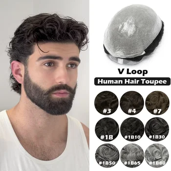Parrucca da uomo, protesi capillare in capelli umani, toupet da uomo, densità 90% 100%, 0,03 mm, toupet naturale con base a V in capelli umani per uomo