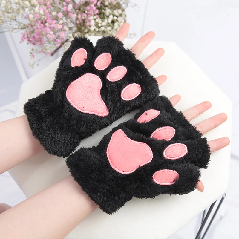 Guantes De Gato Sin Dedos Para Cosplay – Peluche Negro, Ideales Para Halloween Y Carnaval