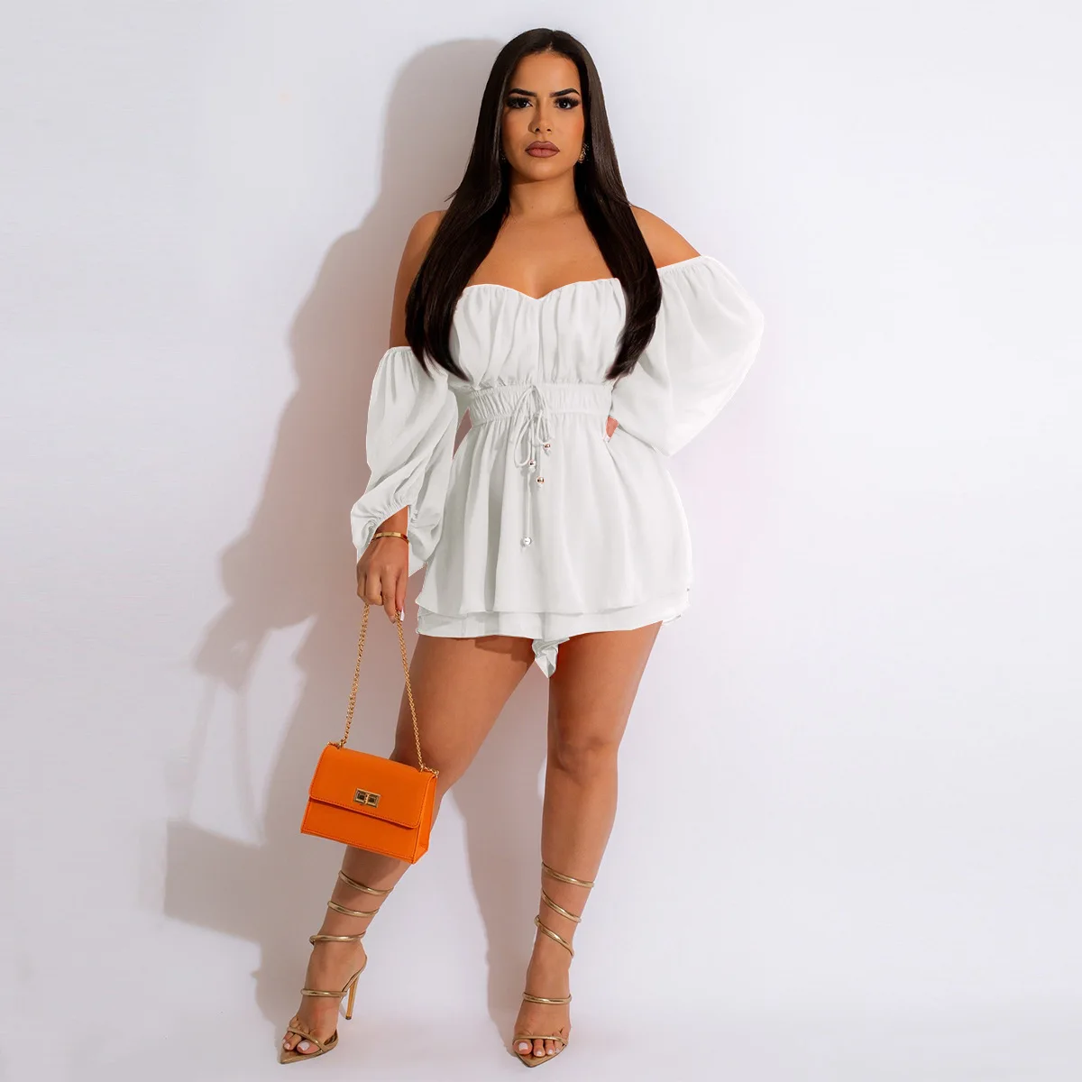 

Summer Off Shoulder Chiffon Playsuit Women Jumpsuit Shorts Casual Vacation Puff Sleeves Long Sleeve Waist Drawstring Rompers