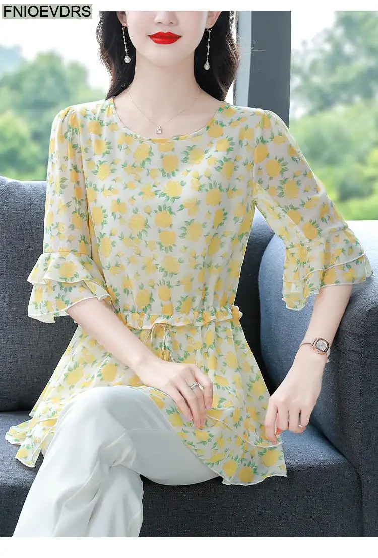 S-4XL Loose Clothes 2023 Women Summer Short Sleeve Elegant Ruffles Shirts Casual Chiffon Floral Tunic Peplum Tops And Blouses
