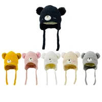 Cute Bear Knit Wool Hat for Baby Winter Children Boys Girls Warmth Fleece Lining Beanie Hat with Pompoms Earflap Hat Kids 1