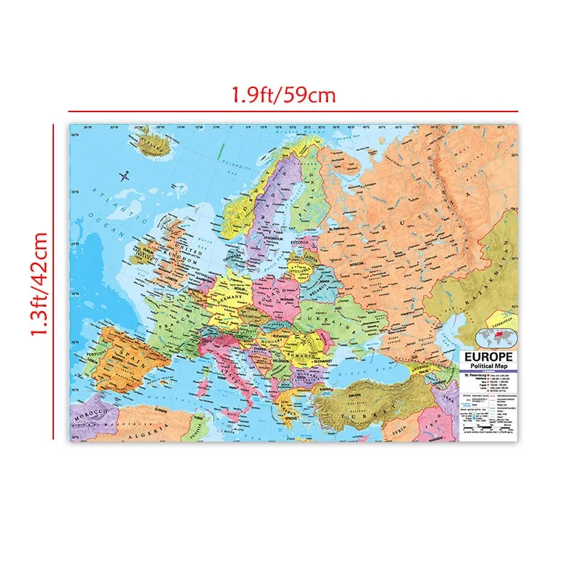 מפת אירופה באנגלית עם פרטים פוסטר ציור אמנות קיר נסיעות ציוד לבית ספר כיתה עיצוב בית