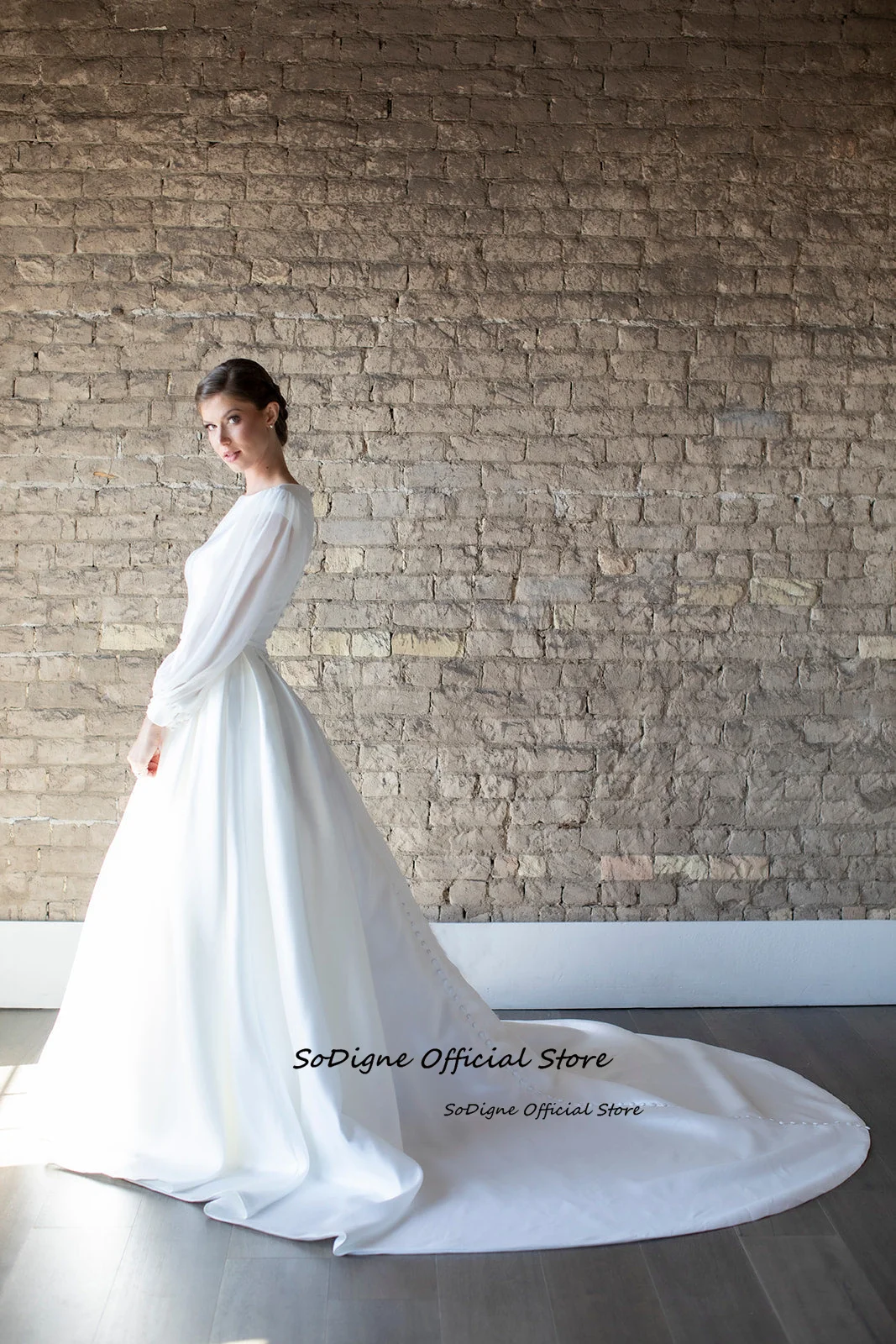 SoDigne Satin A-line Wedding Dresses Full Sleeves O-neck Bridal Dress Elegant Long Bridal Gown vestidos de novia Customized 14 S15989c44da8643ad9d6c07da1e4b0535s