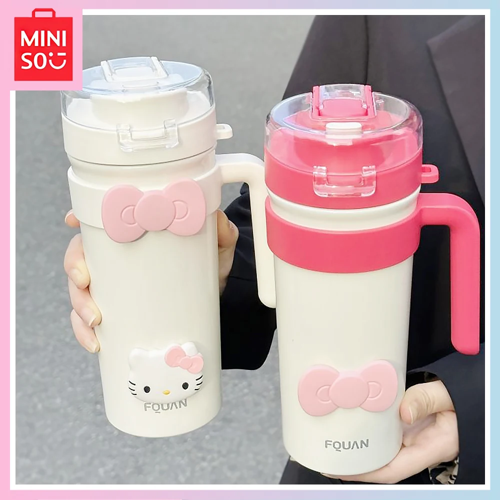 

New Miniso Hellokitty Cartoon Children Students with Rope Straws Straight Drink Portable 650ML Thermos Cup Girls Birthday Gift