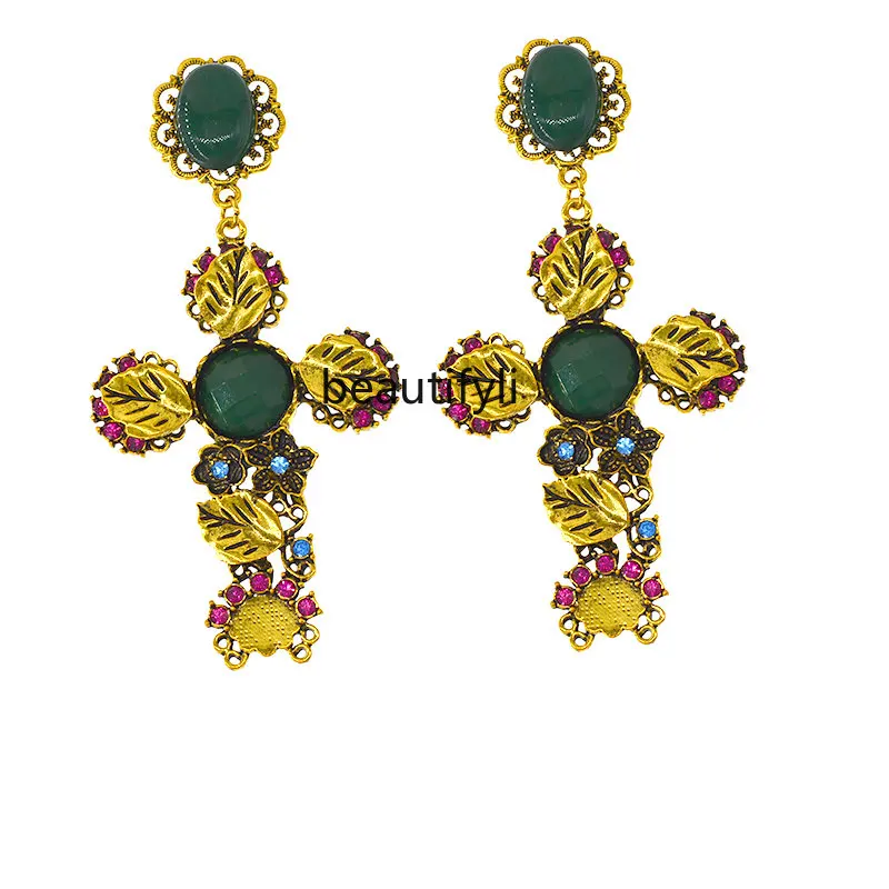 

zq European and American Retro Punk Cross Hollow Jeweled Leaf Shape Earrings Popular Ear Clip