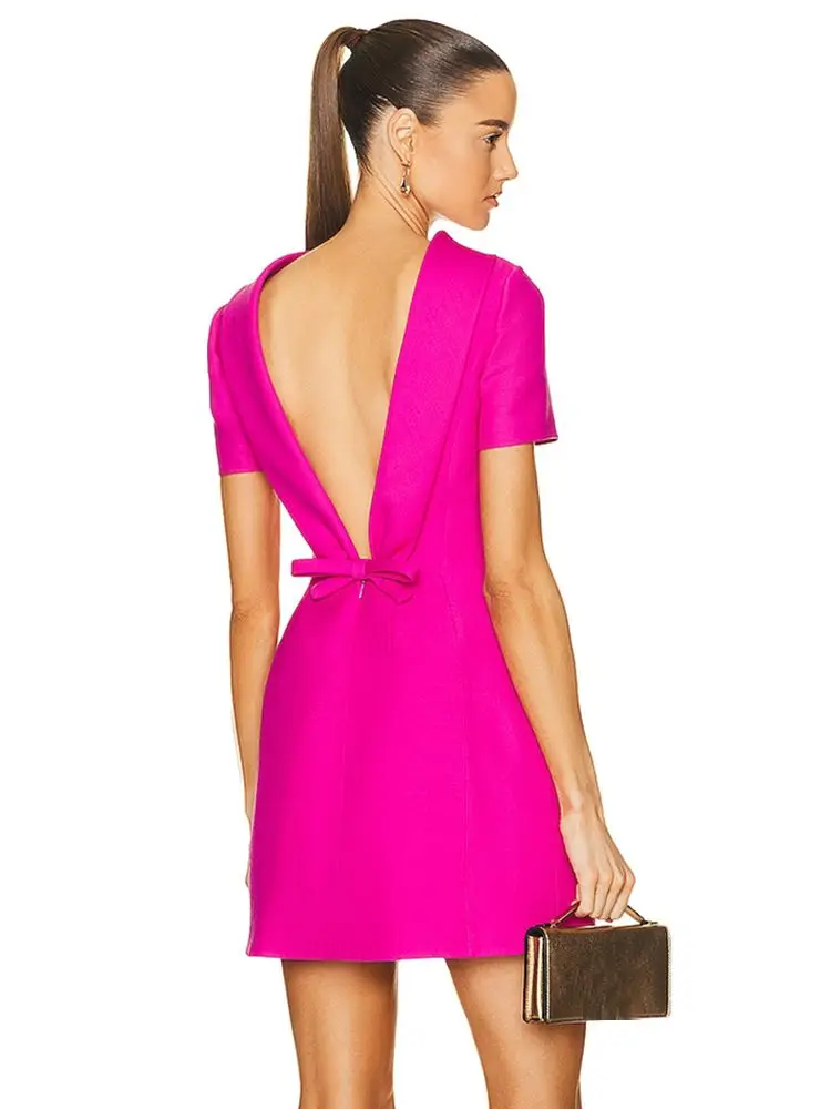 

2023 New Women's Fashion Rose Red Sexy Backless V-shaped Bow Short Sleeve Mini Dress Elegant Celebrity Party Dress