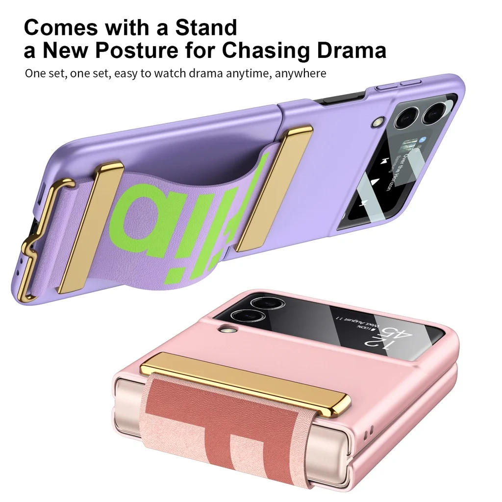 Fashion Hand Strap Phone Case For Samsung Galaxy Z Flip 5 4 ZFlip 3 5G Ultra Thin Hard Plastic Cover Wristband Ring