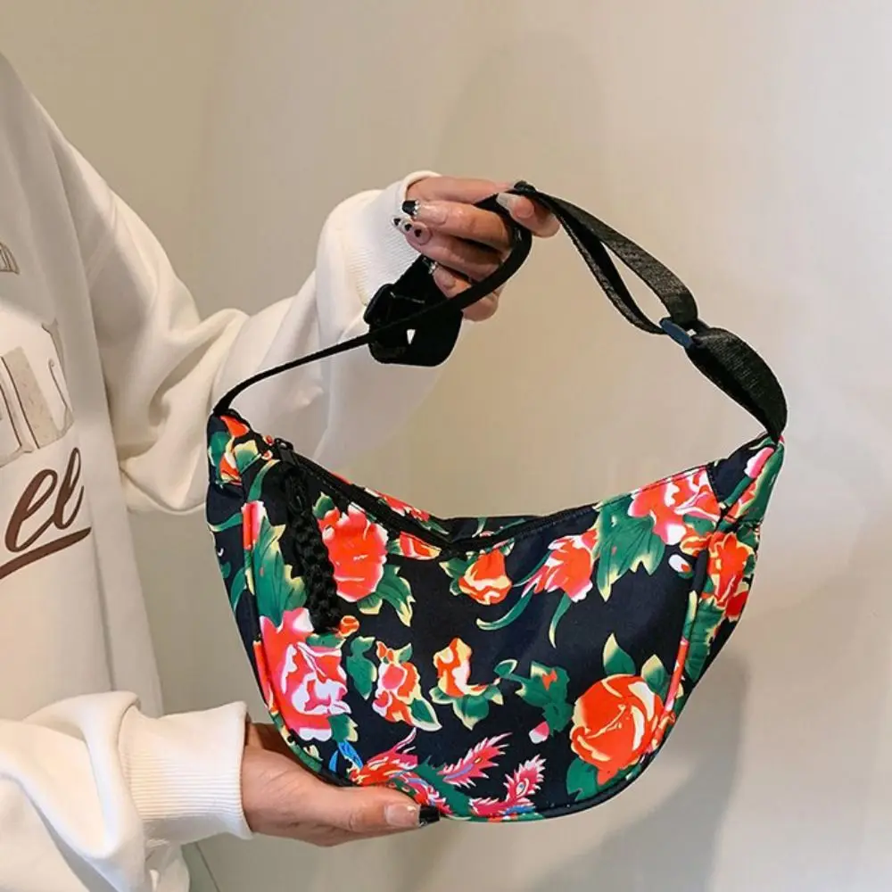 

Zipper Canvas Crossbody Bag Floral Pattern Nylon Flower Dumpling Bag Chinese Style Handbag Northeast Big Flower Shoulder Bag