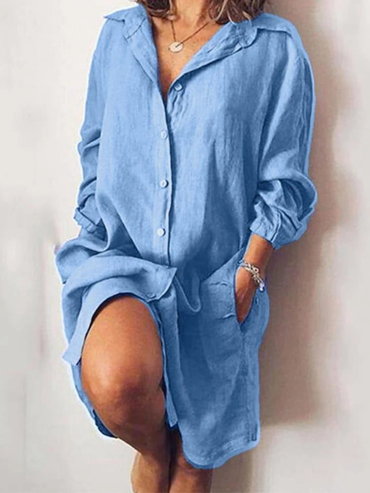 2024 Autumn Fashion New Elegant Cotton and Hemp Women's Dress Elegant Commuting Style Flip Collar Single Breasted Elegant Dress 3