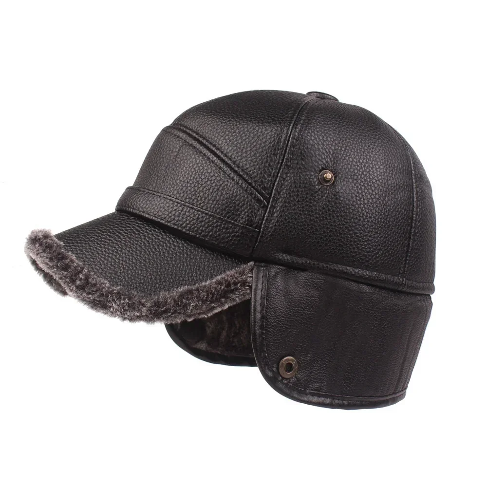 Winter Mens Leather Cap winter hat fur hat earflap hat Warm Baseball Cap with Ear Flaps Thick Fur Caps for Winter Bomber Hats