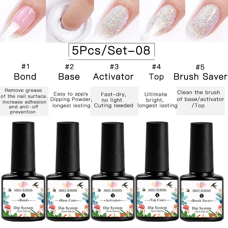Nail Powder Nail Powder Set 1/5PCS 7ml Dipping Nail Powder System Liquid Kit Set with Base,Activator,Top,Brush Saver Clear Nail Art Manicure Gel Polish