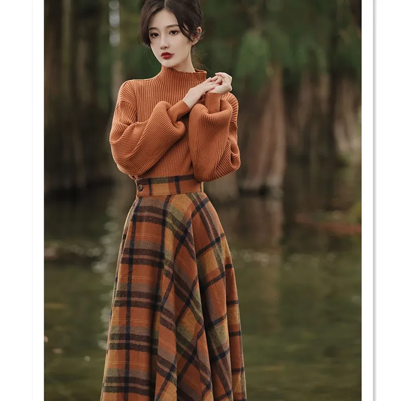 Women's Spring Autumn Vintage Plaid Long Skirts Sweater Two-Piece Set French Lady Graceful Knit Pullover High Waist Skirt Outfit 2