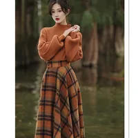 Women's Spring Autumn Vintage Plaid Long Skirts Sweater Two-Piece Set French Lady Graceful Knit Pullover High Waist Skirt Outfit 2
