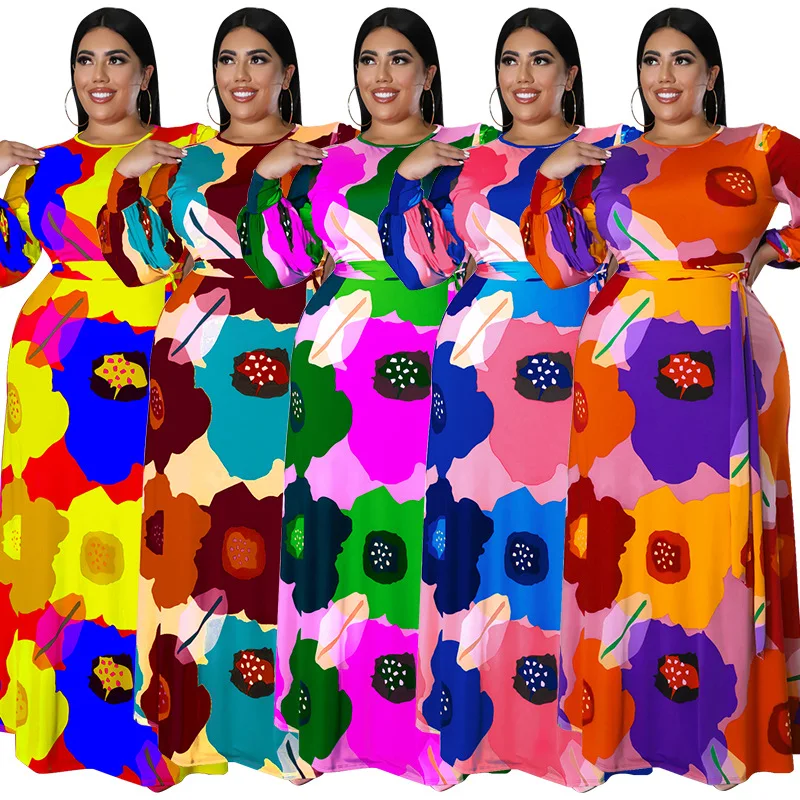 

Dresses for Women Fall Clothes Elegant Printed Sweet V Neck Maxi Shirt Dress Fashion Big Hem Wholesale Dropshipping S-3xl