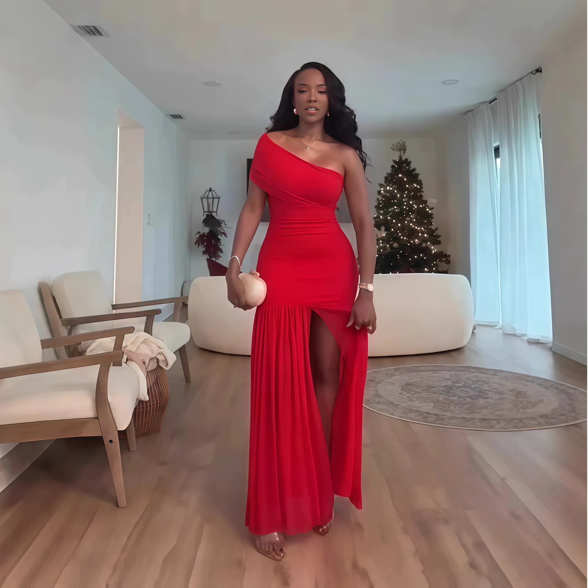 فستان طويل للنساء فساتين بكتف واحد وياقة منحرفة مل...