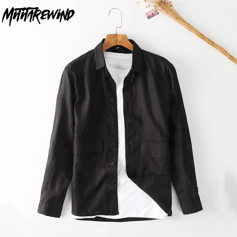 

95% Linen Shirt Men Spring Autumn Daily Casual Full Sleeve Shirt Lapel Button Up Shirt Men Harajuku Fashion Top Loose Breathable