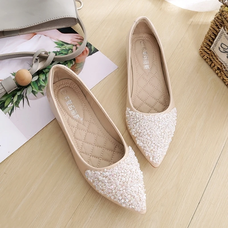 

Ladies Footwear with Crystals Low Heel Elegant Women's Flat Shoes Diamond Rhinestone Pointed Toe Party Genuine Mark Comfortable
