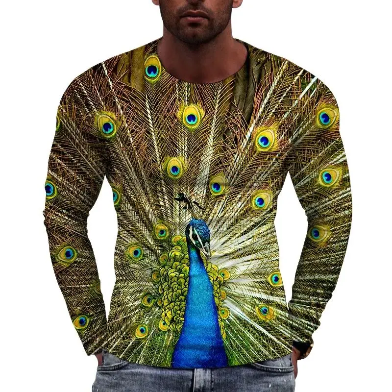 

New European A peacock Spreads Its Veil Picture Men long sleeved T-shirt Casual Printed Tees Hip-hop Personality Round Neck Top