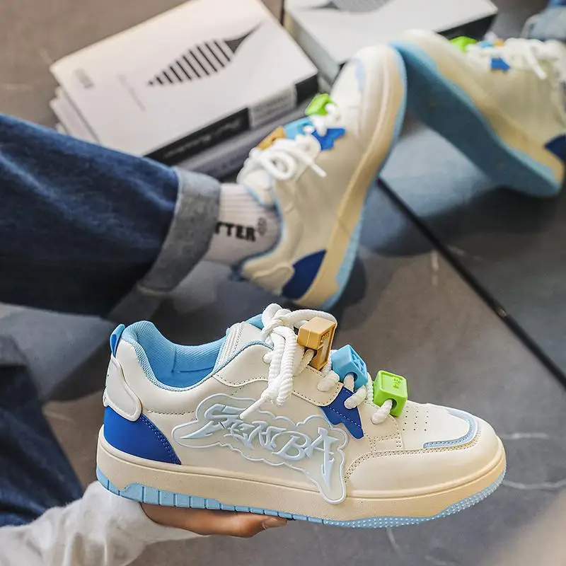 

New Men Casual Fashion Sneakers Letter Graffiti Blocks Solid Color Skateboard Shoes Breathable Round Toe Lace Up Walking Shoes
