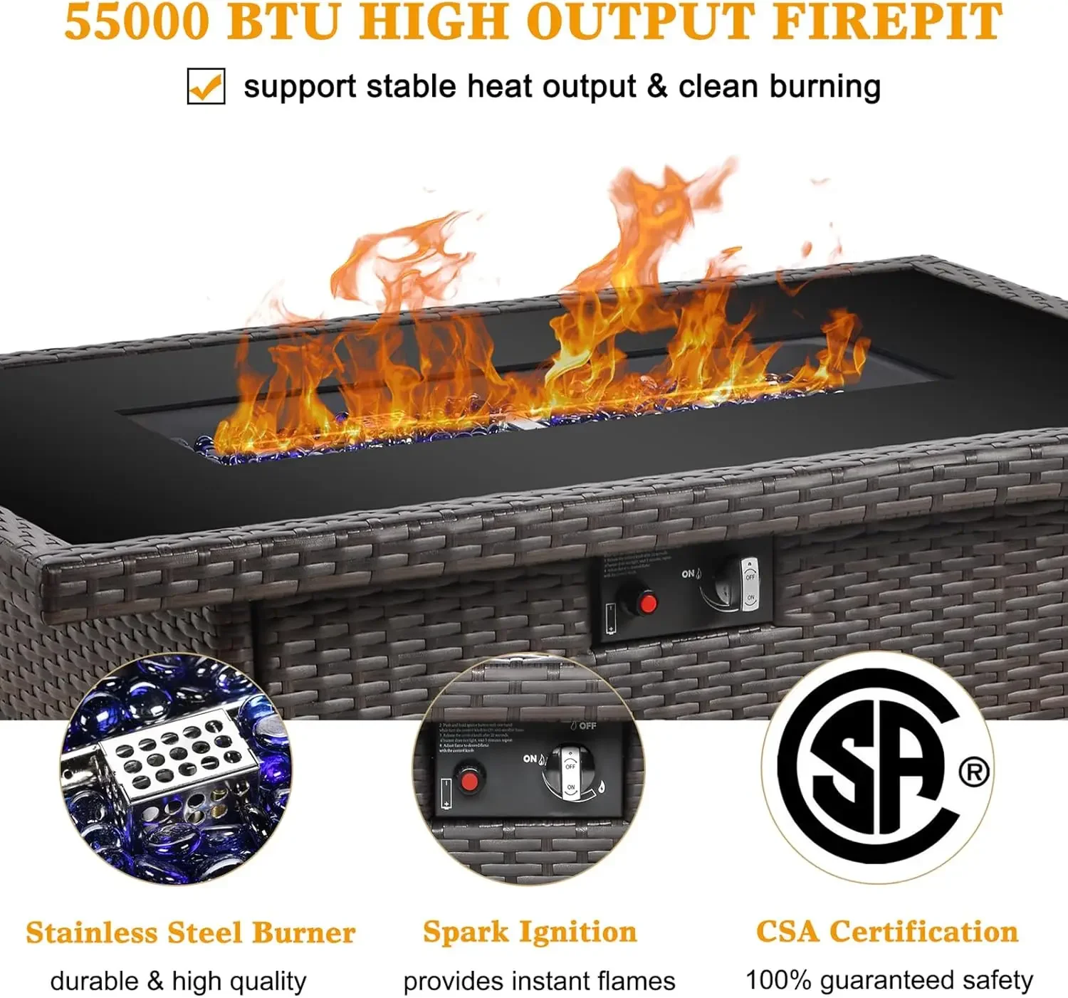 44" Propane Gas Fire Pit Table with Glass Wind Guard, 55,000 BTU 4