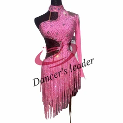 Latin Dance Dress High-end Custom Half Sleeve Full Diamond Tassel Dress Cha Cha Tango Women's Adult Stage Professional Clothing