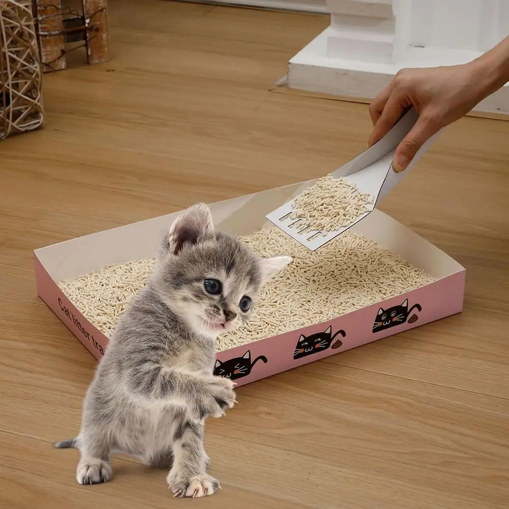 60 Pack Disposable Litter Boxes, 30 Foldable Travel Boxes & 30 Scoops, Portable Waterproof Cardboard Trays for Small Pets, 13.8