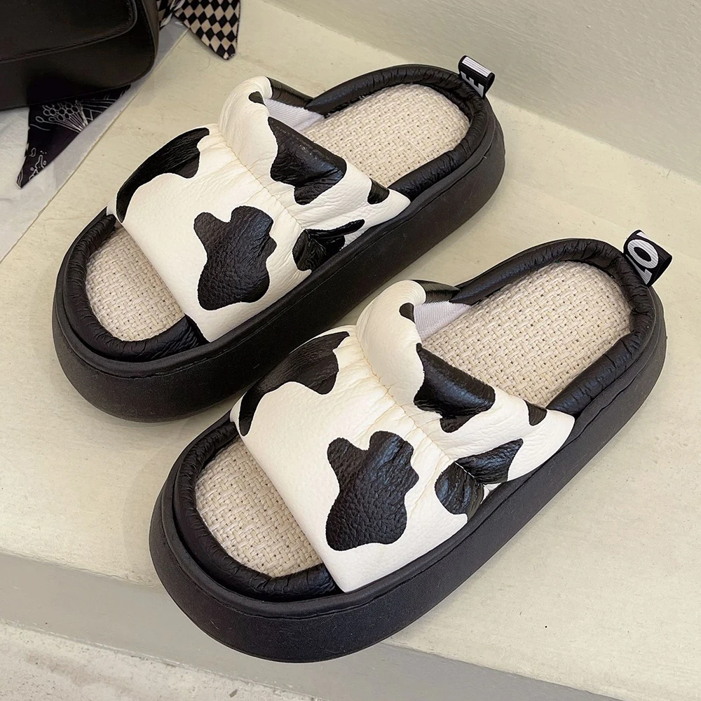 

Cow Print Linen Slippers For Women Thick Bottom Home Shoes Cotton Linen Female Indoor Slippers Funny Woman Home Slides qt846
