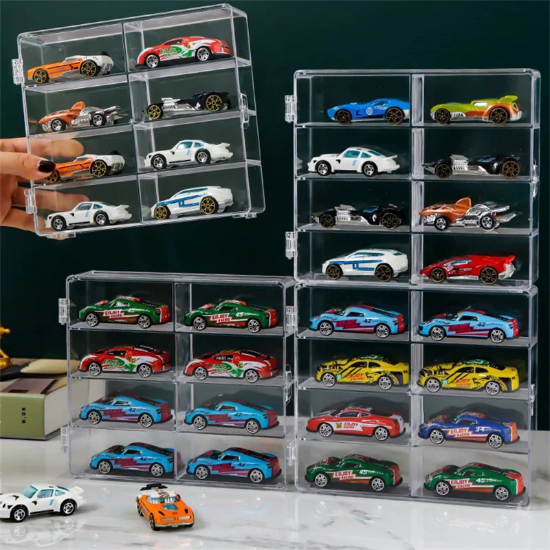 โปร่งใสรถกล่อง 1:64 สําหรับล้อร้อนรถของเล่น 8 ตารางตู้แร็คกันฝุ่น STACKABLE รถกล่อง 1