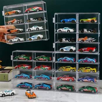 โปร่งใสรถกล่อง 1:64 สําหรับล้อร้อนรถของเล่น 8 ตารางตู้แร็คกันฝุ่น STACKABLE รถกล่อง 1