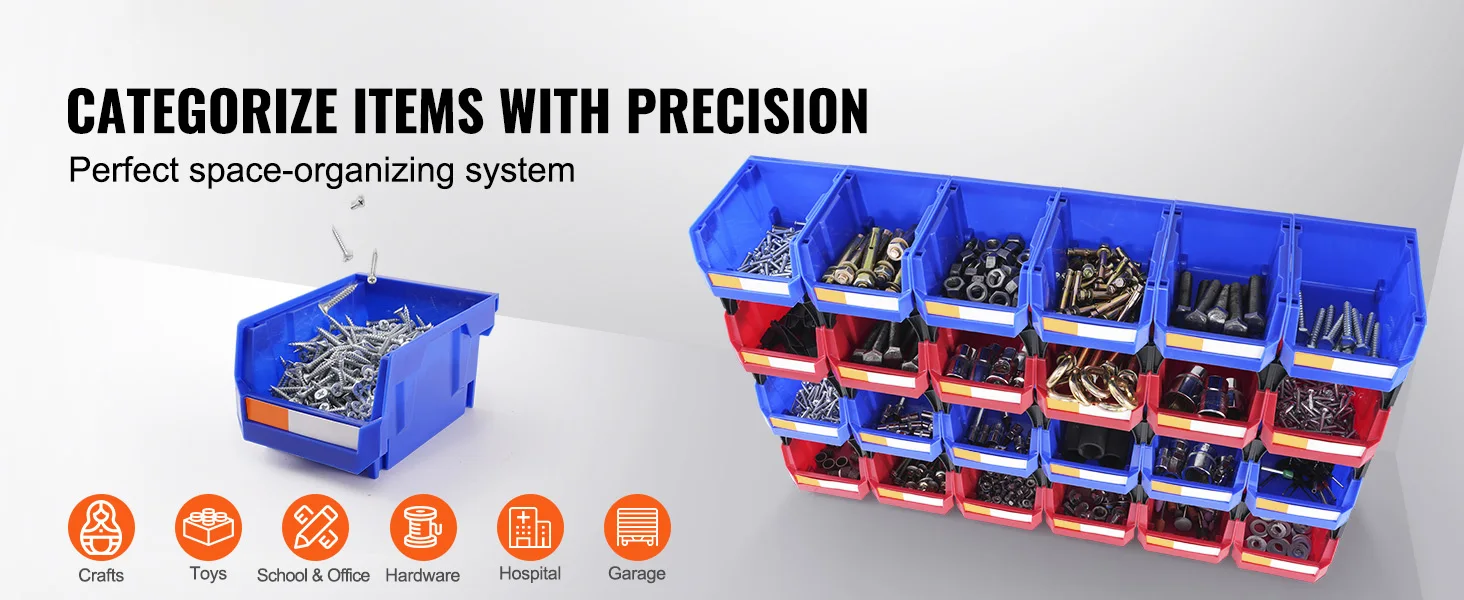 Stackable storage bins displayed on a multi-level shelf