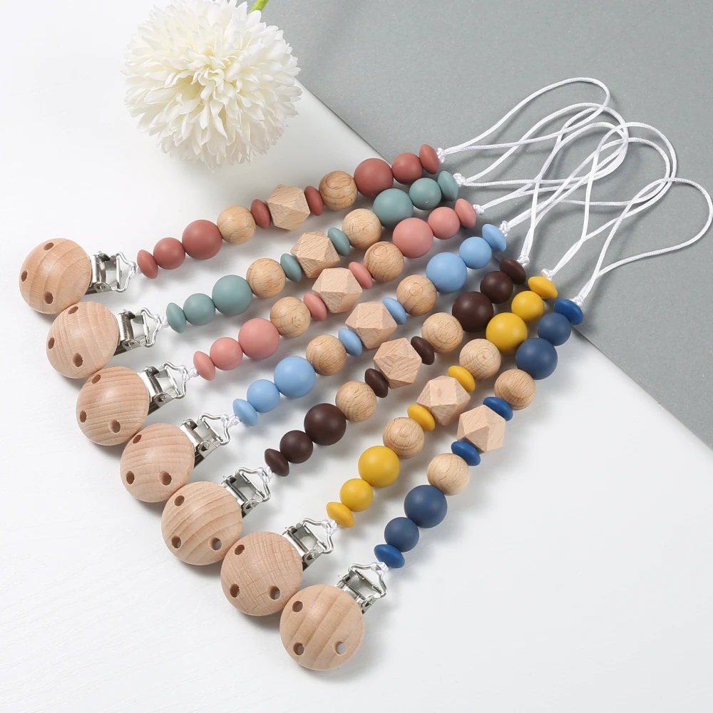 Wood Baby Pacifier Chain Clips Silicone Round Octagonal Beads Teething Chain For Infant Appease Soother Dummy Holder Clip
