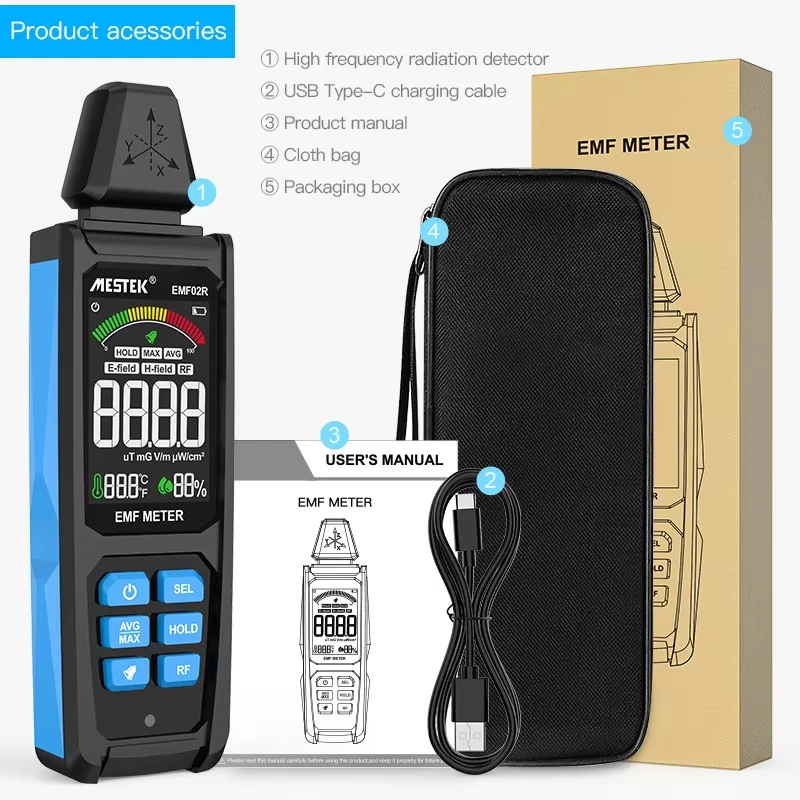 Electromagnetic Radiation Meter MESTEK EMF02 Strength Interference Electric Field Magnetic Radiation Instrument VA Color Screen