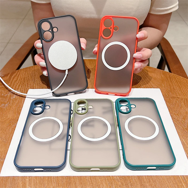 Custodia magnetica opaca di lusso Magsafe per iPhone 11 12 13 14 15 16 Pro Max X XS XR 7 8 Plus con ricarica wireless, trasparente, rigida per PC_voghion.com