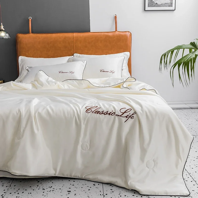Summer Quilt 100% Washed Silk Summer Quilt Embroidery Smooth Ice Cooling Comforter for Bed Silky Solid Blanket Soft Cool Summer Blanket