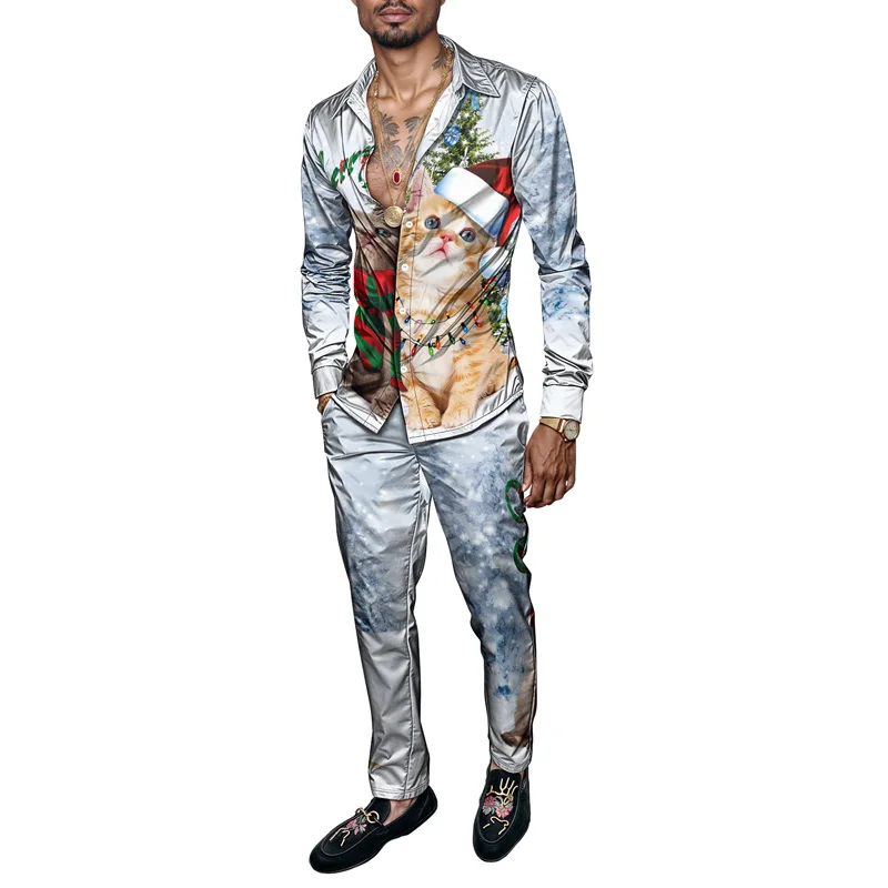 2025 Spring Summer Men Shirt Set Christmas Print Fashion Gingerbread Man Two Piece Set Mens Snowman Lightweight Party Long_viptrois.com