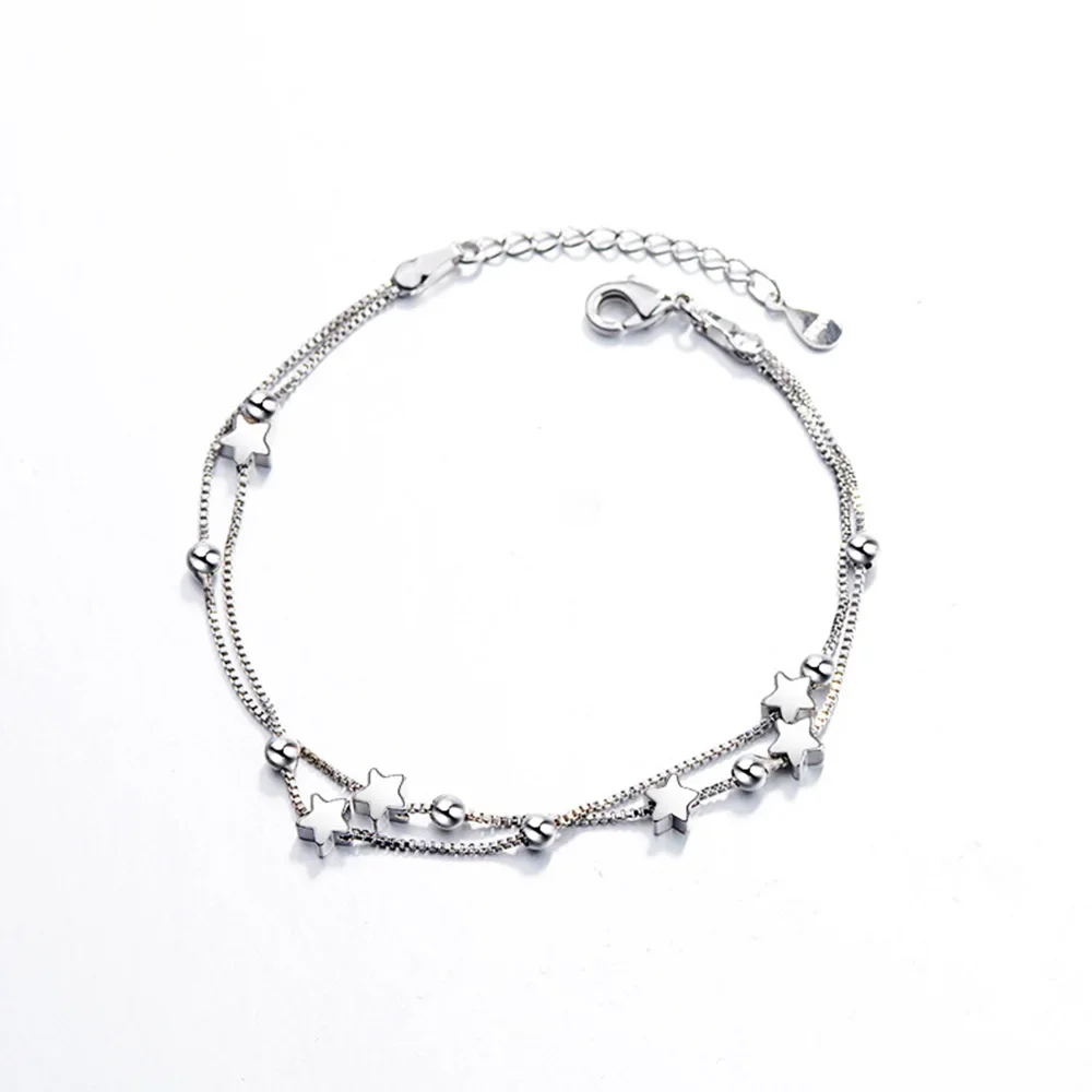Stars Bracelet 925 Stamp Silver Color Star Bracelet Fashion Korean Five-pointed Stars Crystal Double Bracelet