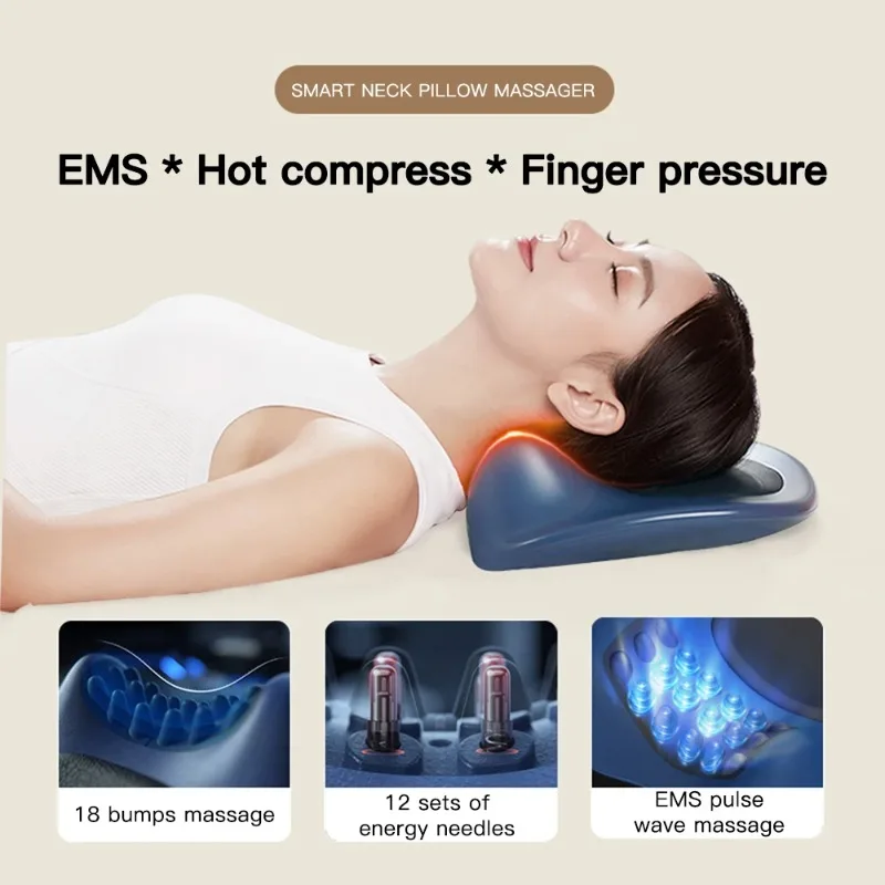 Electric Heating Neck Massager Pillow EMS Pulse Neck Traction Device Cervical Spine Acupoint Massage Relax Shoulder Pain Relief