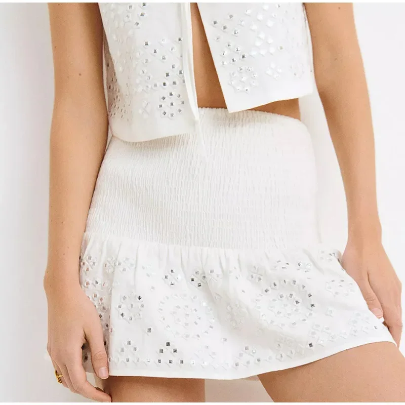 Conjunto de 2 piezas de faldas de moda para mujer, con abalorios, encaje, chaleco corto, cintura alta, falda plisada, traje 2025, nuevo conjunto a juego para mujer.