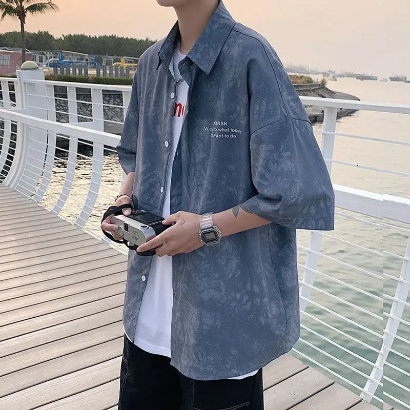 Shirts Men Turn-down Collar Loose Spring Summer Thin Tie Dye Button Short Sleeve Pockets Fashion Casual