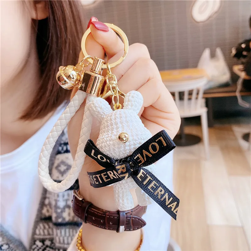 Cute Bear Car Key Chain Resin Bow Bell Rabbit Keychain Weaving