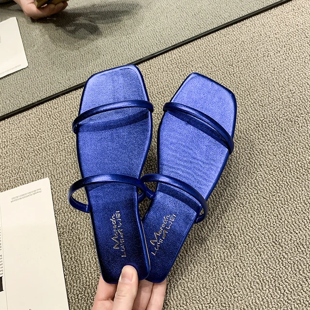 Sandalias planas de colores doradas y plateadas para Chanclas de playa de verano, zapatillas azules sin cordones, zapatos informales para mujer 2022| | - AliExpress