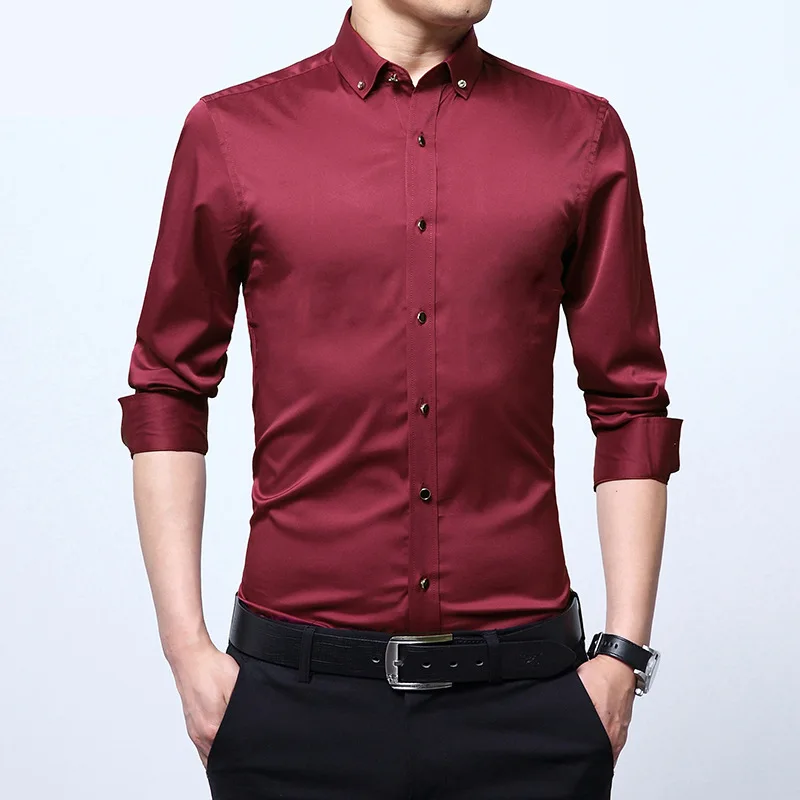 New Men's Long Sleeved Buckle Collar Business Solid Color Shirt Korean Version Slim Fit Professional Casual Suit Bottom Shirt
