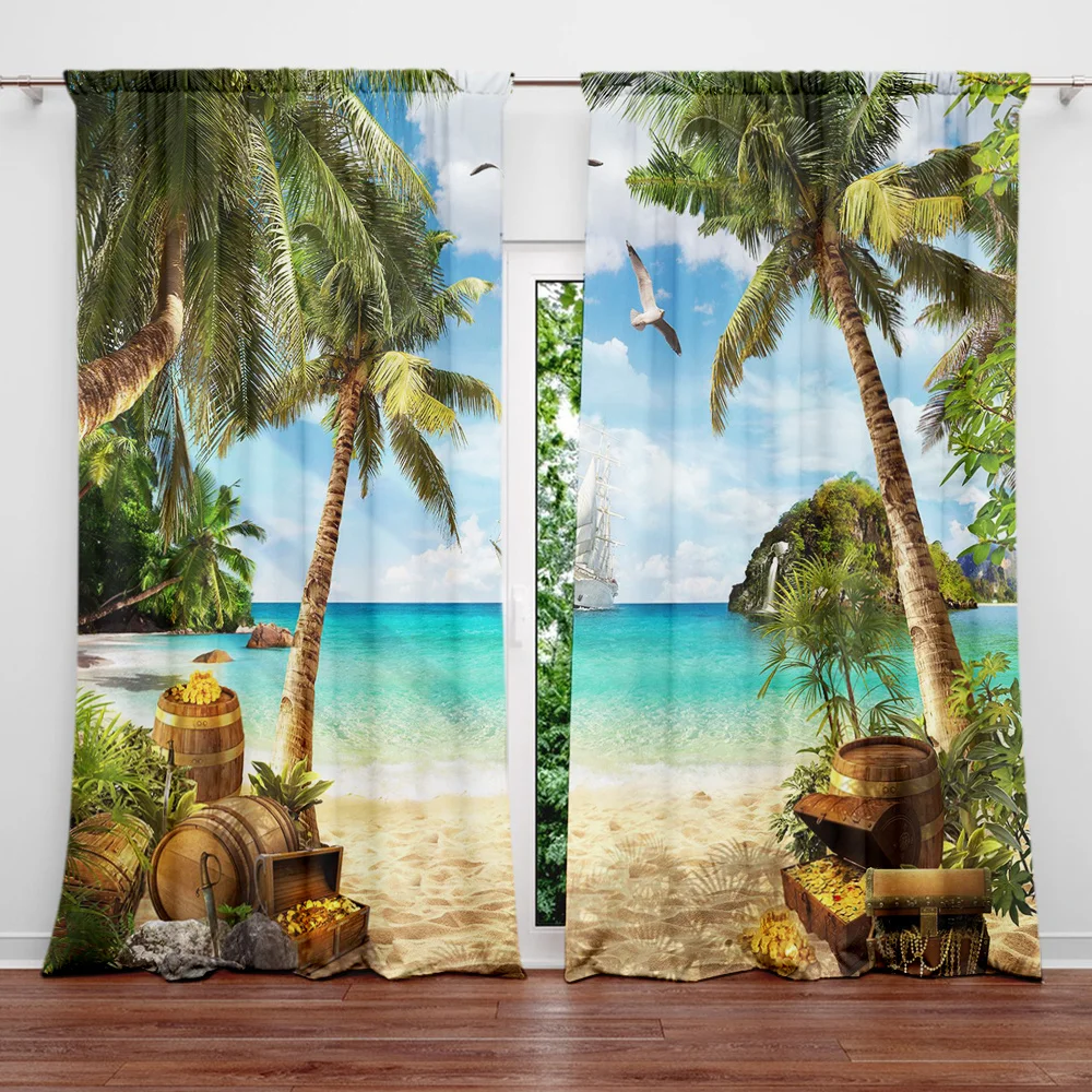 Description Picture 5 of item2pcs Beach Scenery Printed Curtain for Home Decor - Rod Pocket Window Treatment for Bedroom,Office,Kitchen,Living Room,and Study