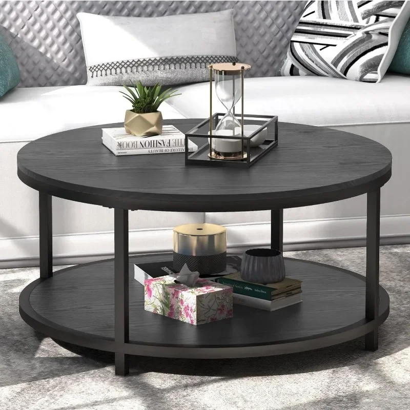 

WiberWi Rustic Industrial 35.8" Round Coffee Table with Storage Shelf and Sturdy Metal Legs, Easy Assembly
