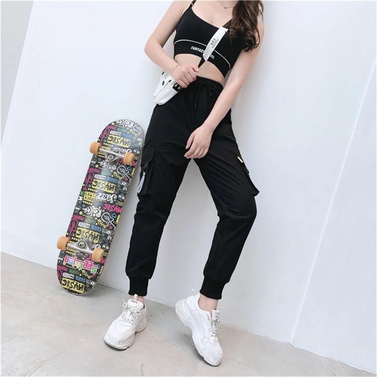 Black Cargo Pants Women Casual Joggers High Waist Loose Female Hip Hop Trousers Korean Punk Pants Funny Capri Streetwear Femme